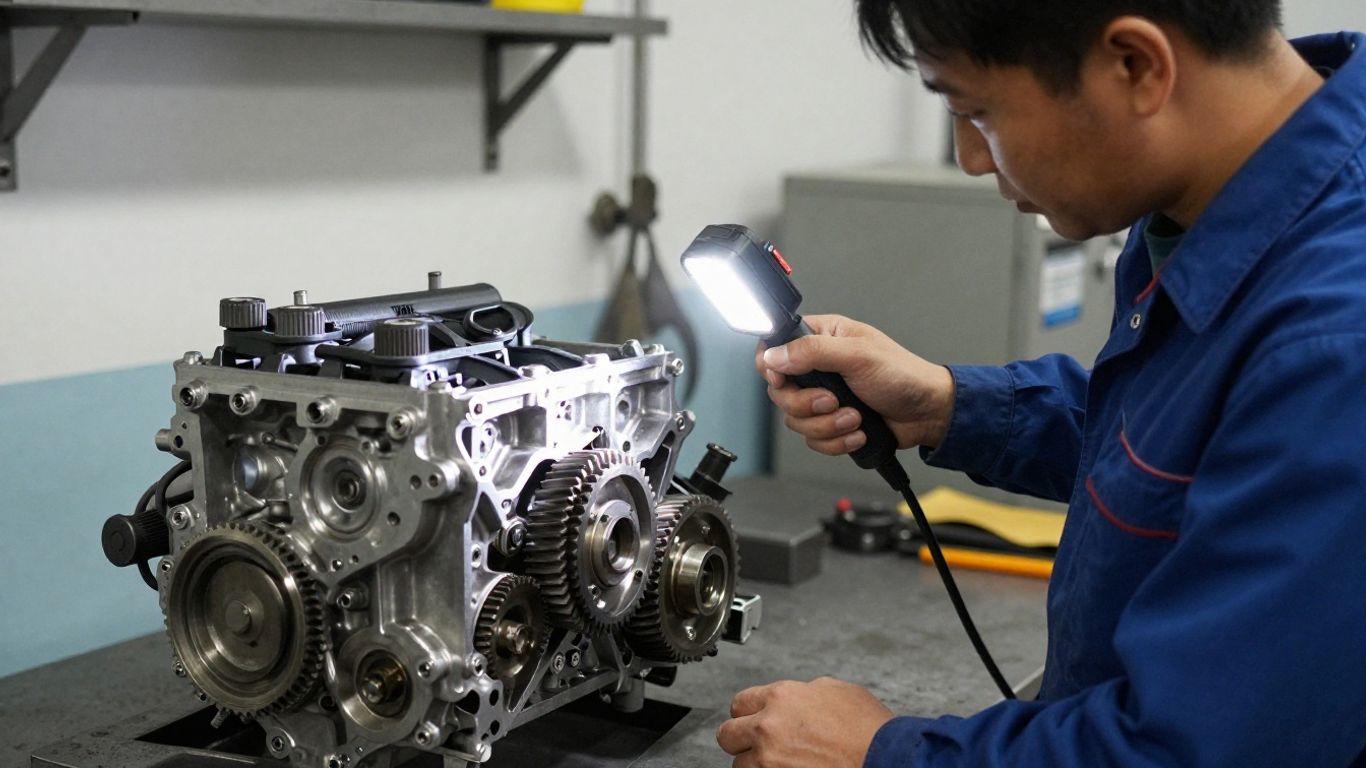 A skilled mechanic inspecting a car part with a flashlight