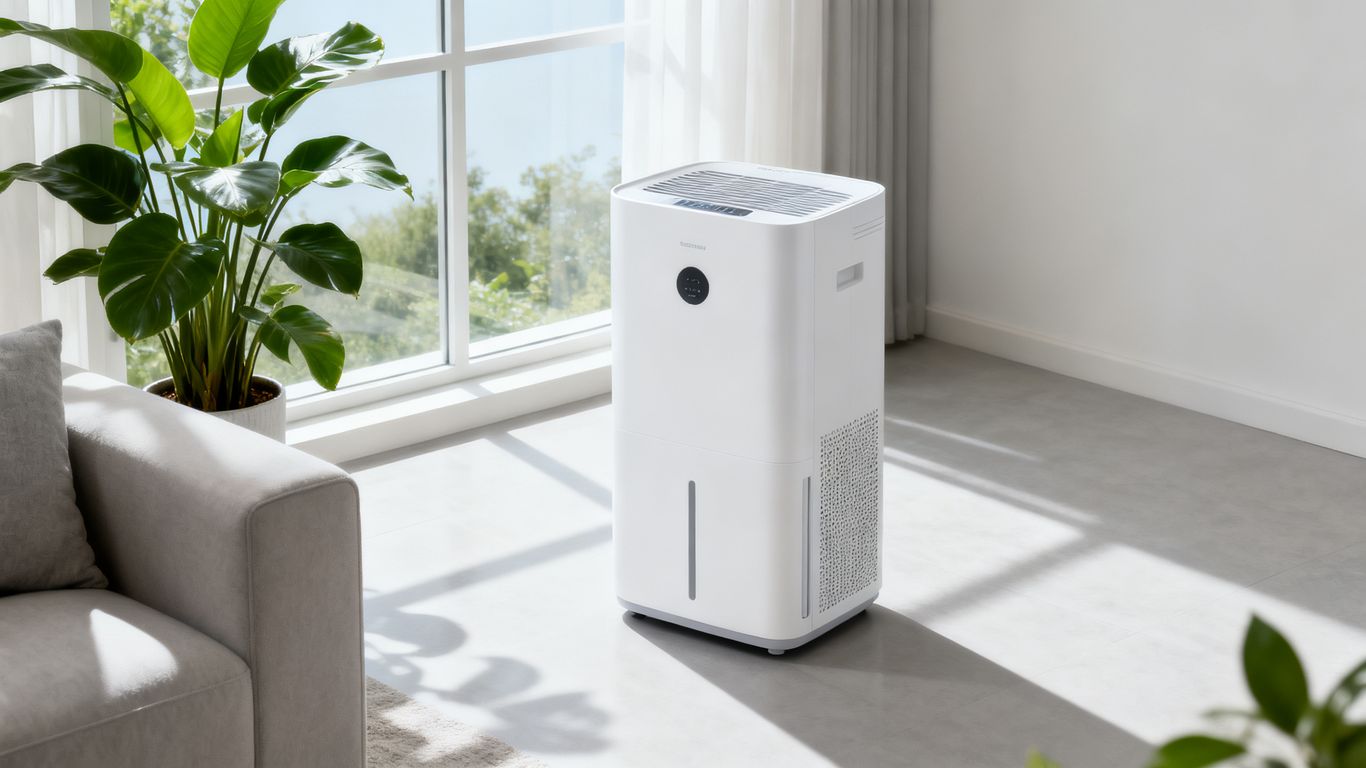 A modern, sleek dehumidifier stand in a living room