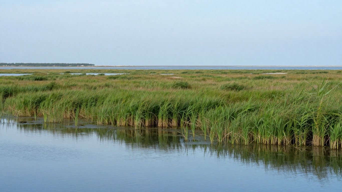 Panoramic view of serene wetland marshlands in sun