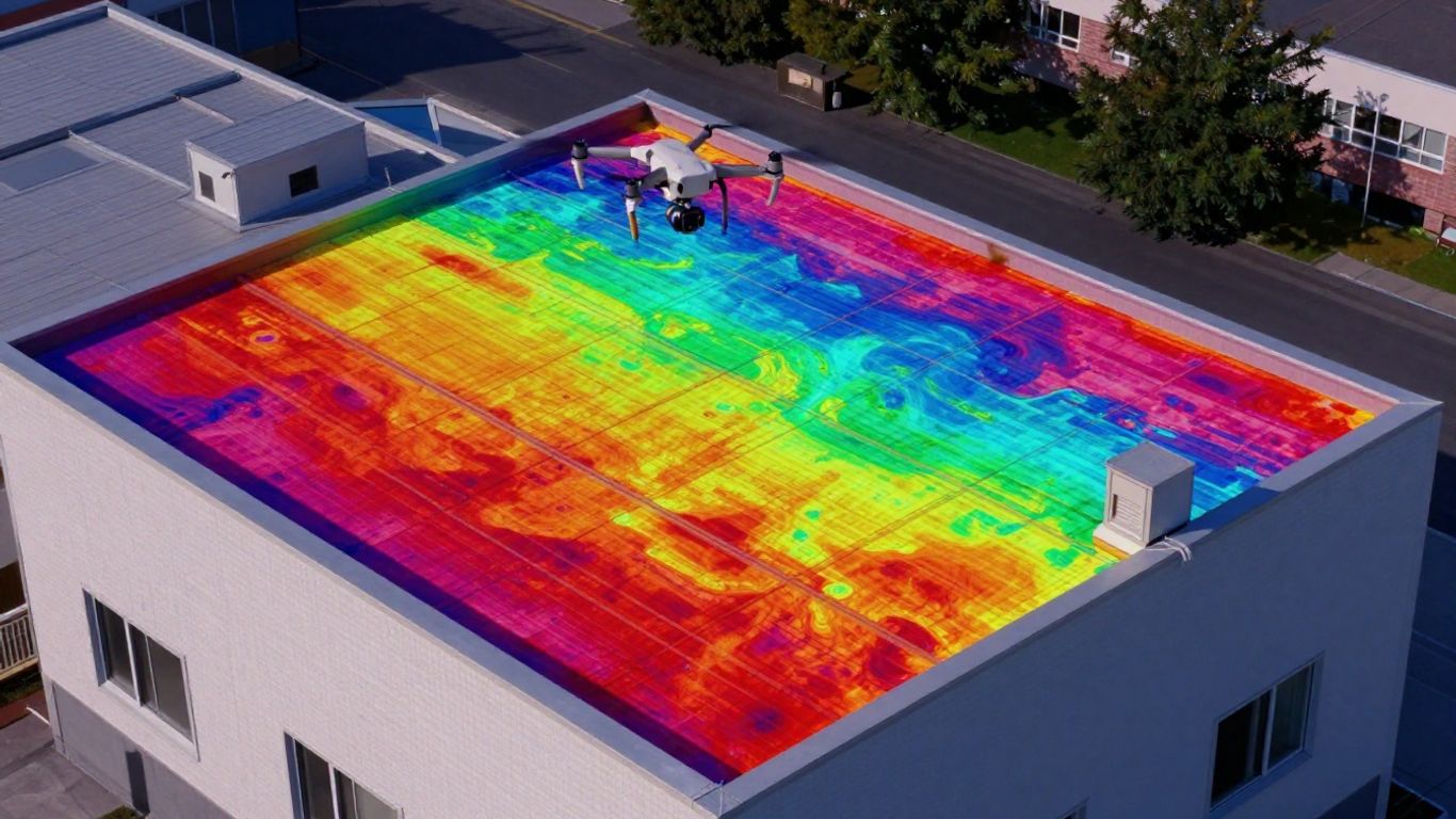 Drone thermal imaging of a commercial rooftop in California.