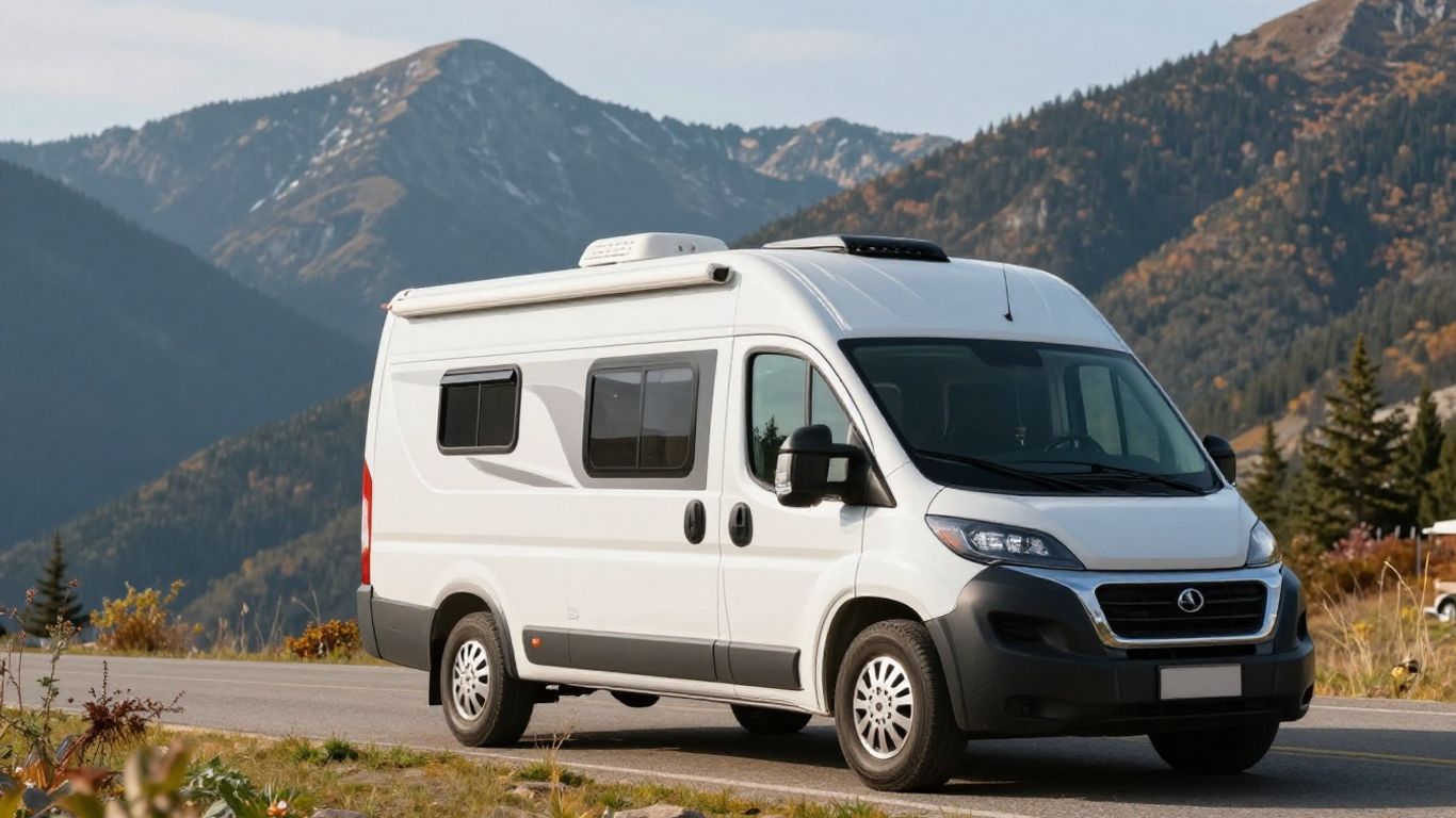 Canadian RV rental on scenic roadside with mountains.