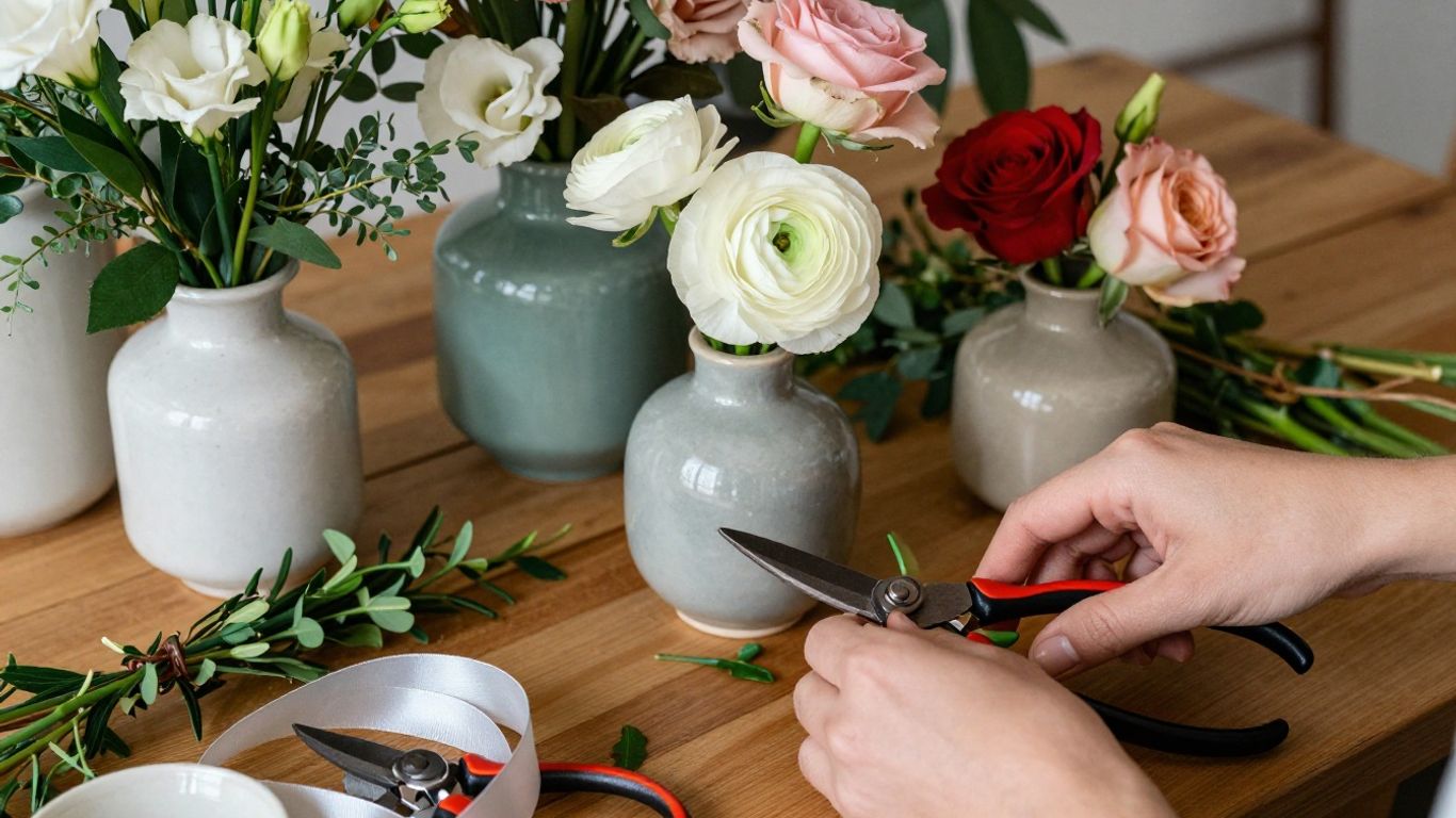 Florist arranging fresh stems beside ceramic vases