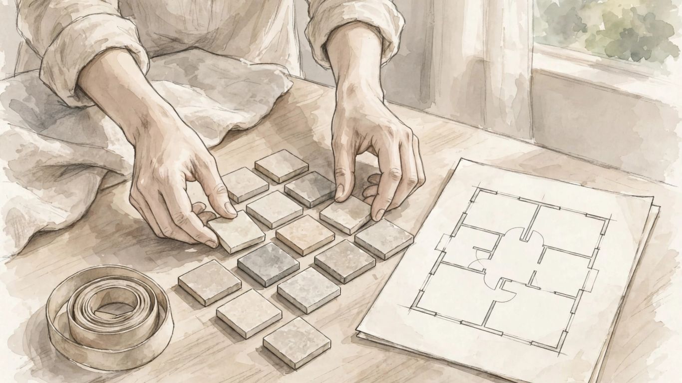 Stone flooring samples beside a room measurement plan