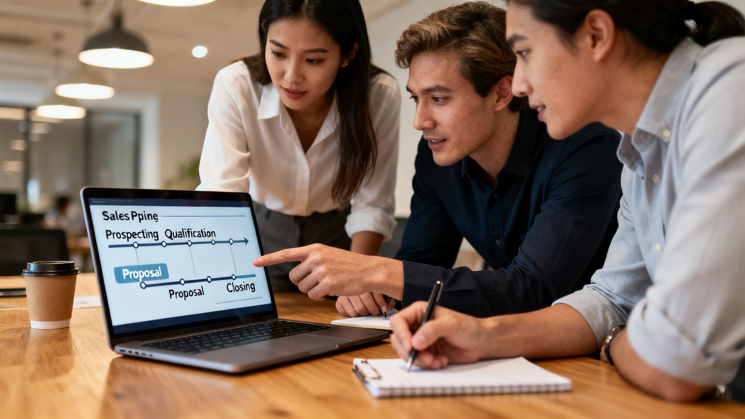 A small team of professionals collaborating around a desk with a laptop showing a sales pipeline