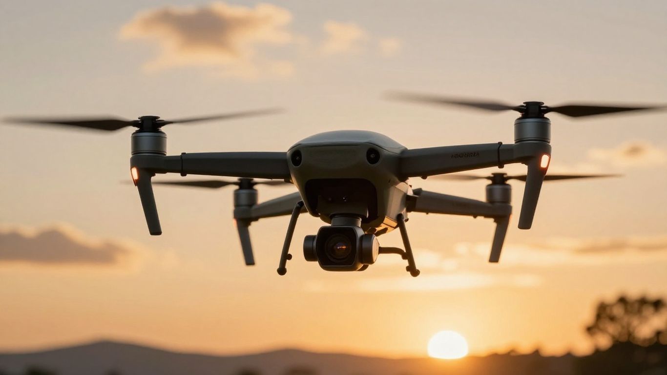 Drone with camera flying over landscape at sunset.