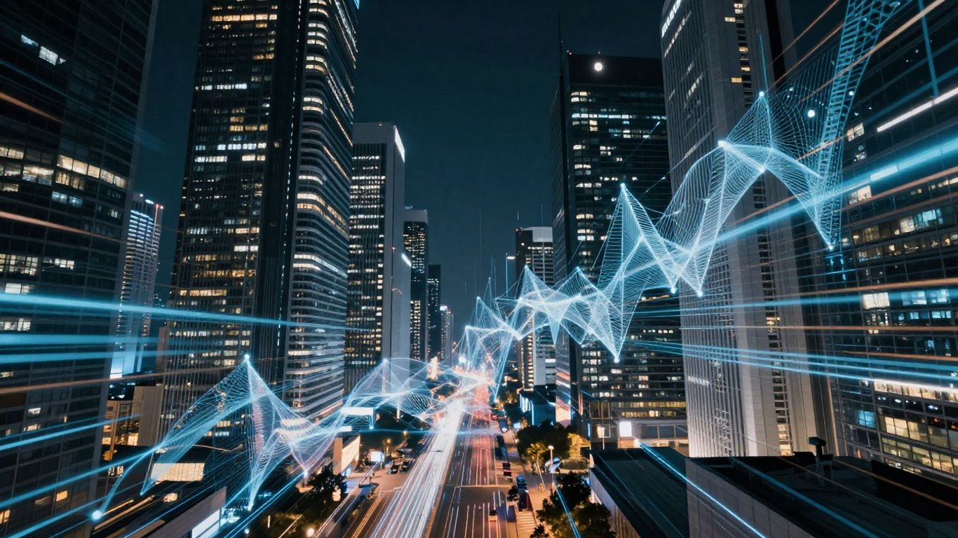 Futuristic cityscape with glowing digital streams.