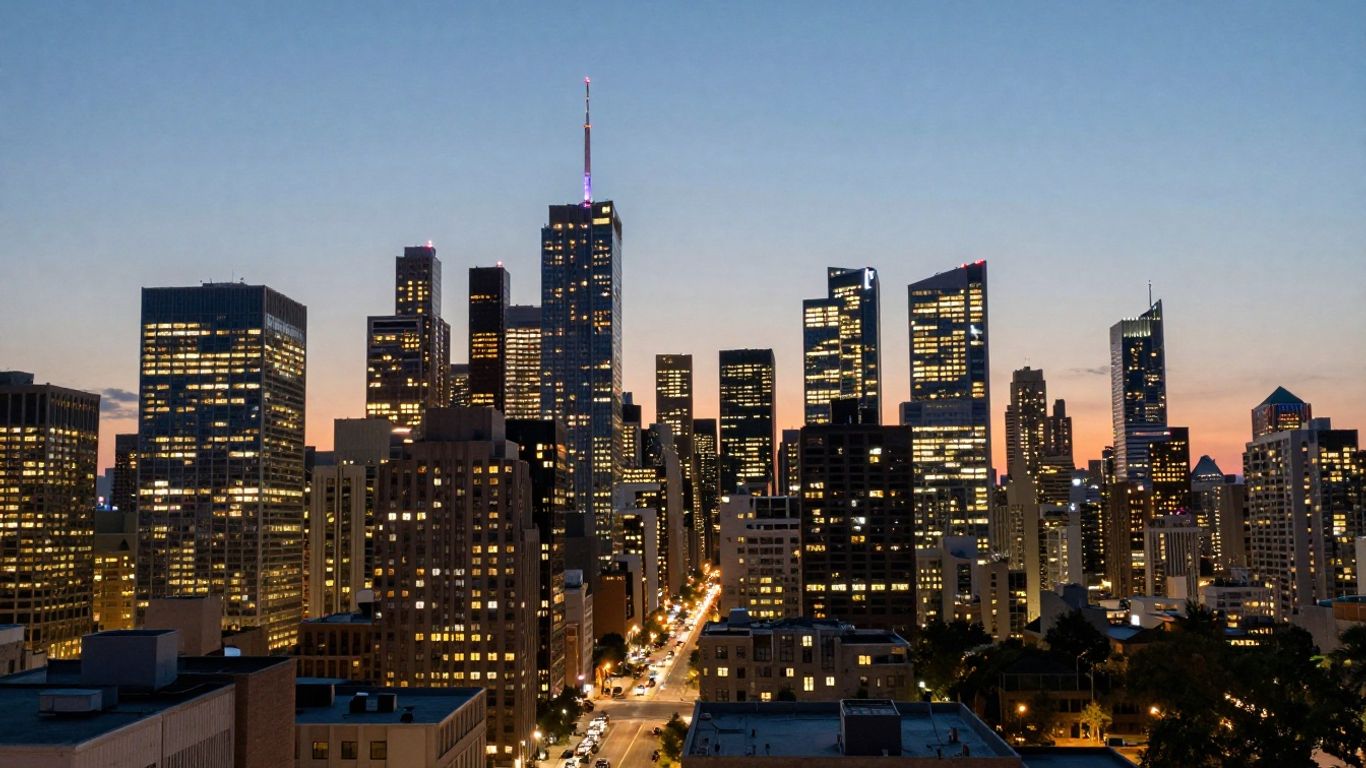 Toronto skyline at dusk with subtle digital glow