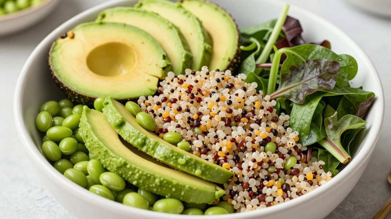 A close-up shot of a nutritious bowl filled with edamame, quinoa, and fresh greens
