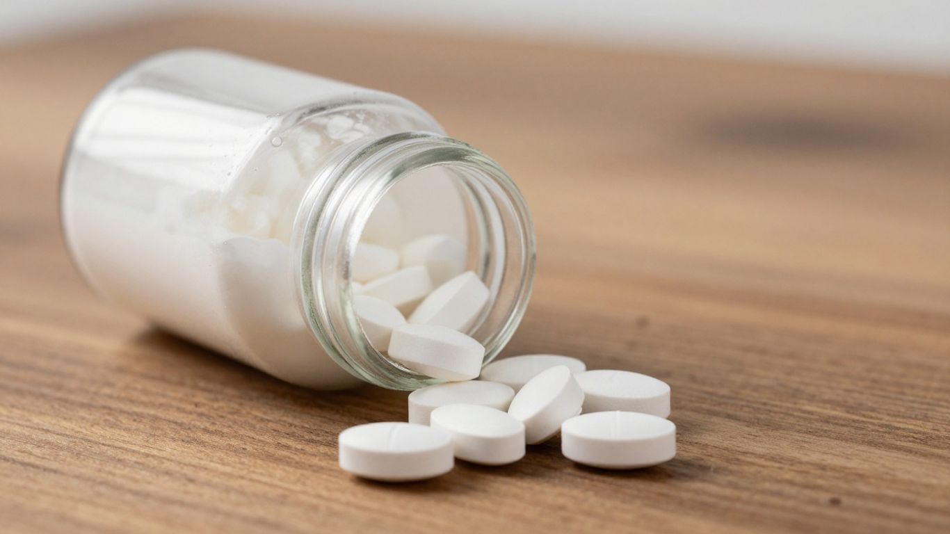 Bottle of liquid calcium supplement with tablets.