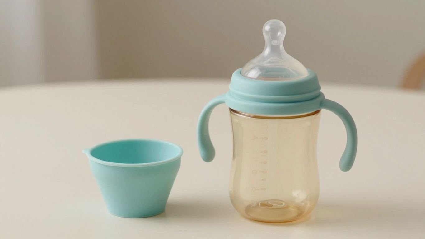 Botella ligera de bebé junto a vaso entrenador
