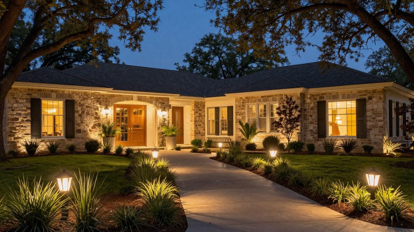 Illuminated Barton Creek property at dusk with permanent outdoor lighting.