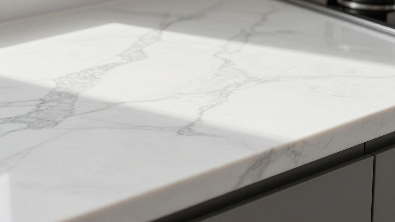 Polished white marble kitchen worktop with grey veining.