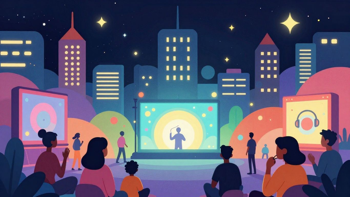 Illustrative game-like scene of local entertainment and city life.