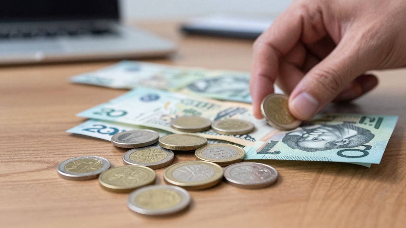 Australian dollars and a hand sorting money.