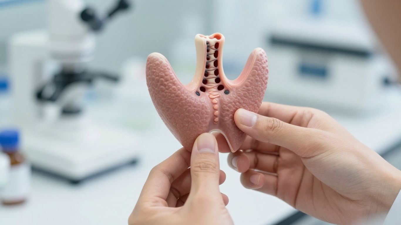 Thyroid gland model held by hands, medical lab background.