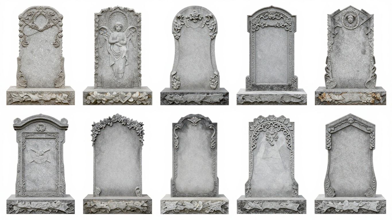 Various unique headstone designs and shapes.