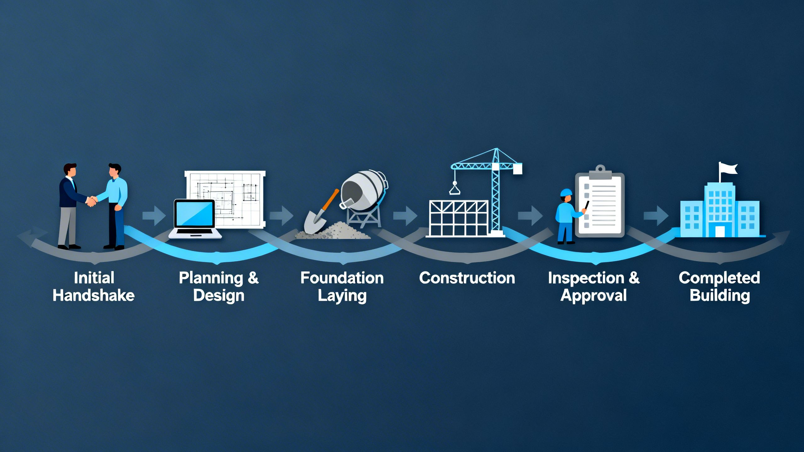 A digital illustration of a workflow pipeline with icons representing different stages of a construction project, from initial handshake to a completed building.