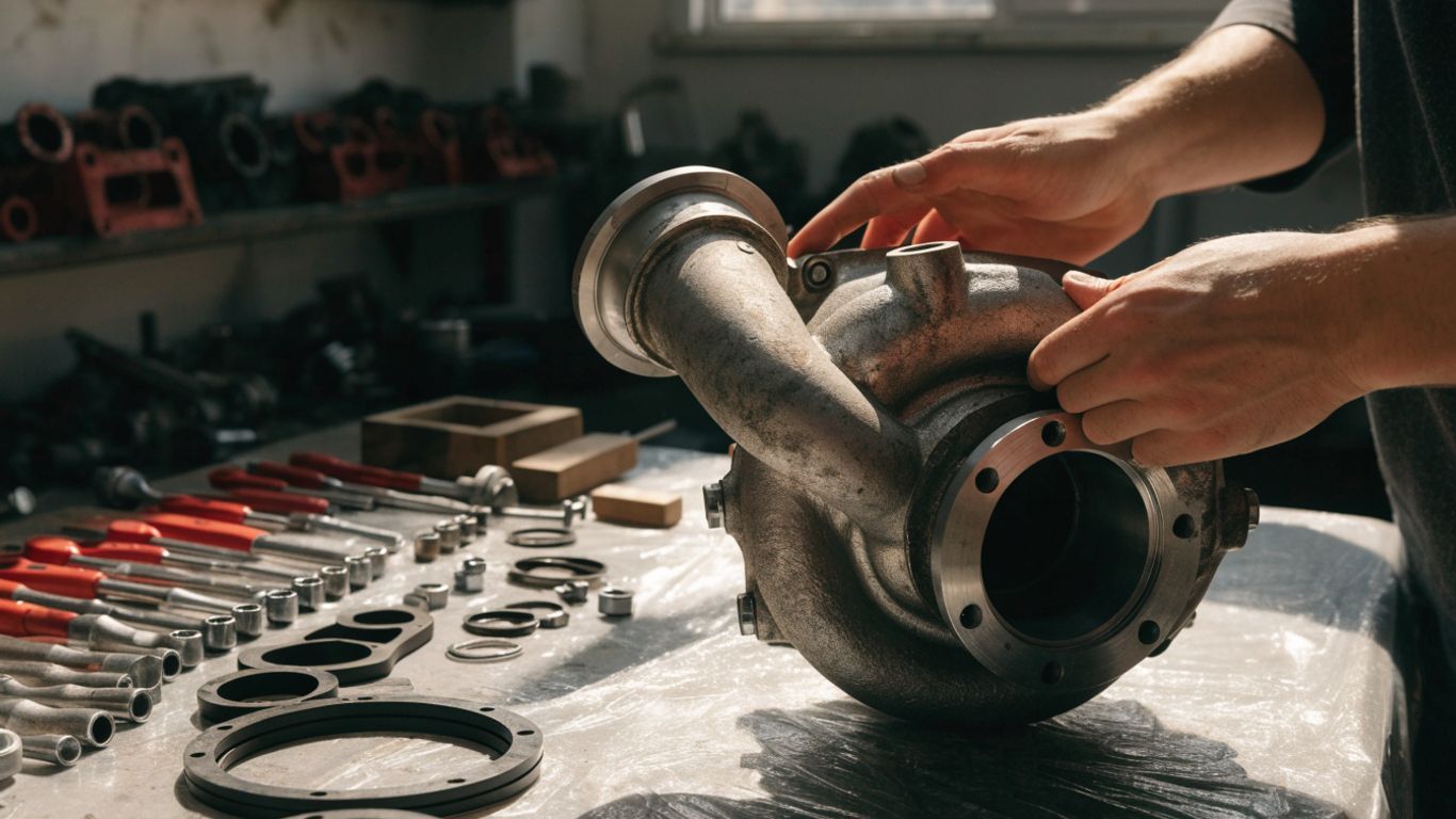 Audi turbocharger beside repair tools in a workshop