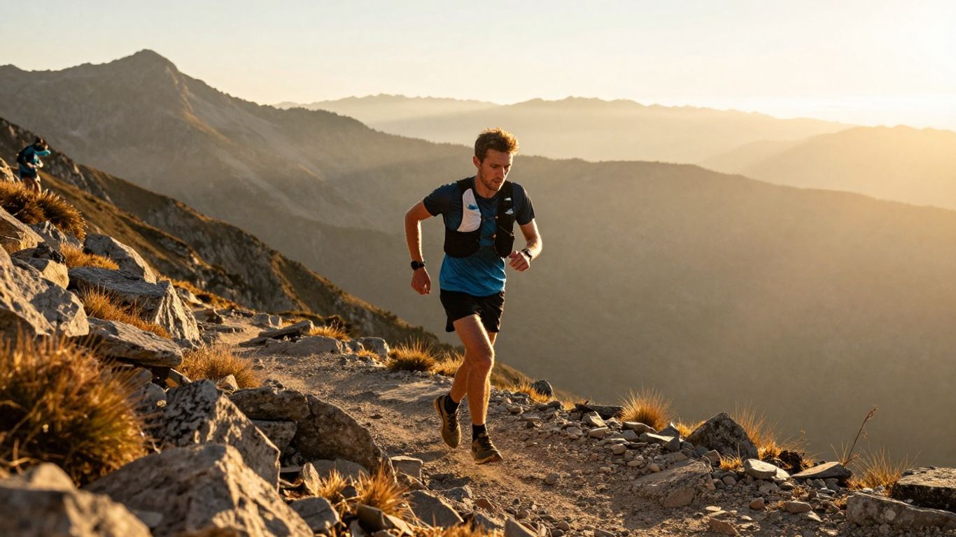 Runner on mountain trail at sunrise, ultra-marathon training.