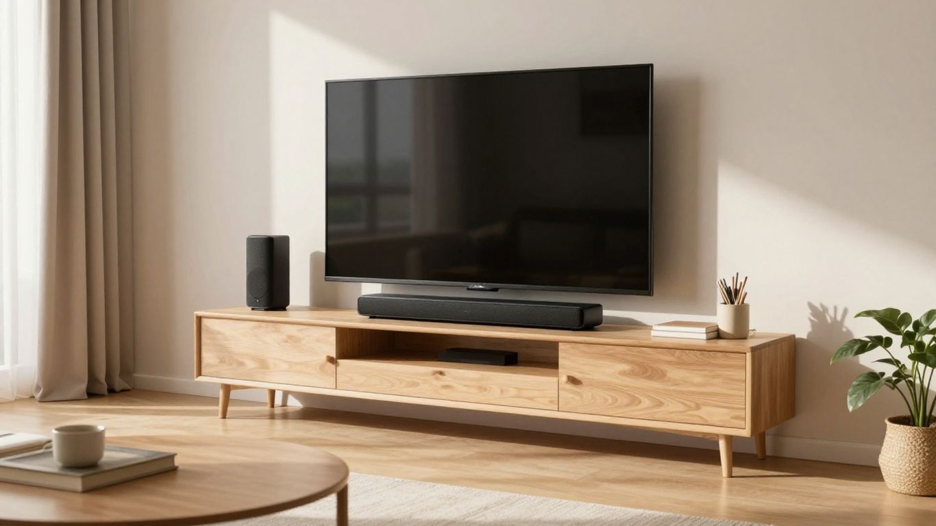 Soundbar enhancing TV audio in a modern Airbnb living room.