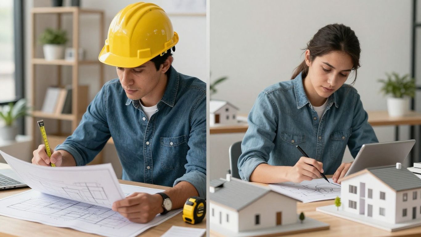 Roofing estimator and roof designer roles compared visually.