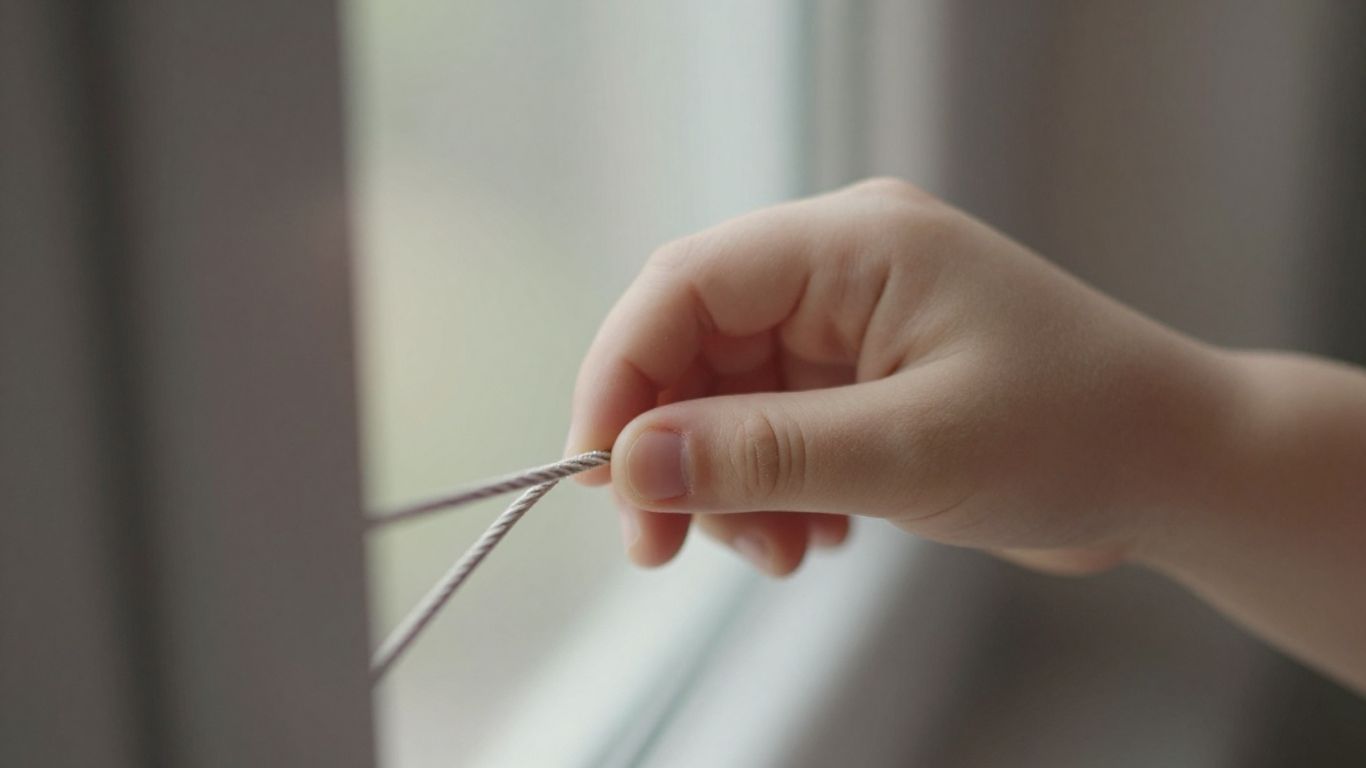 Child reaching for tangled window blind cord.