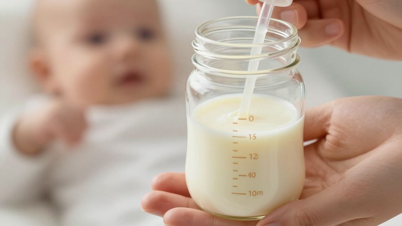 Botella de leche materna en un entorno médico.