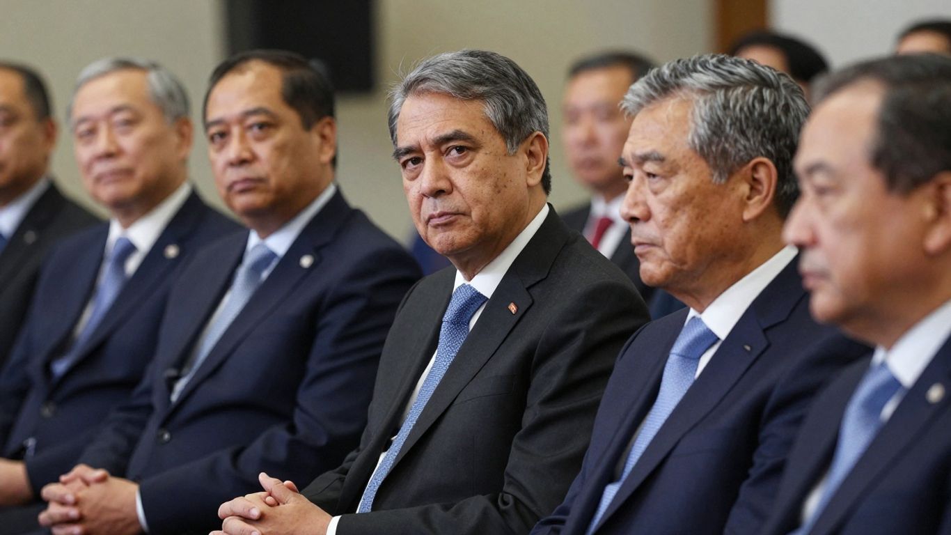 Figuras políticas discutiendo en un evento formal.