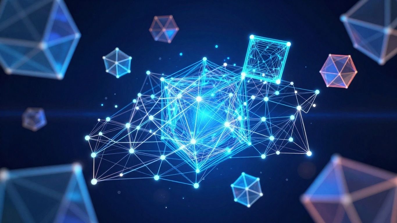 Abstract digital network with interconnected nodes and geometric shapes.