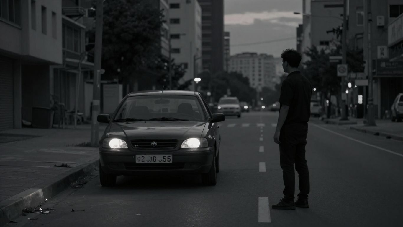 Car breakdown in an unfamiliar city at dusk.
