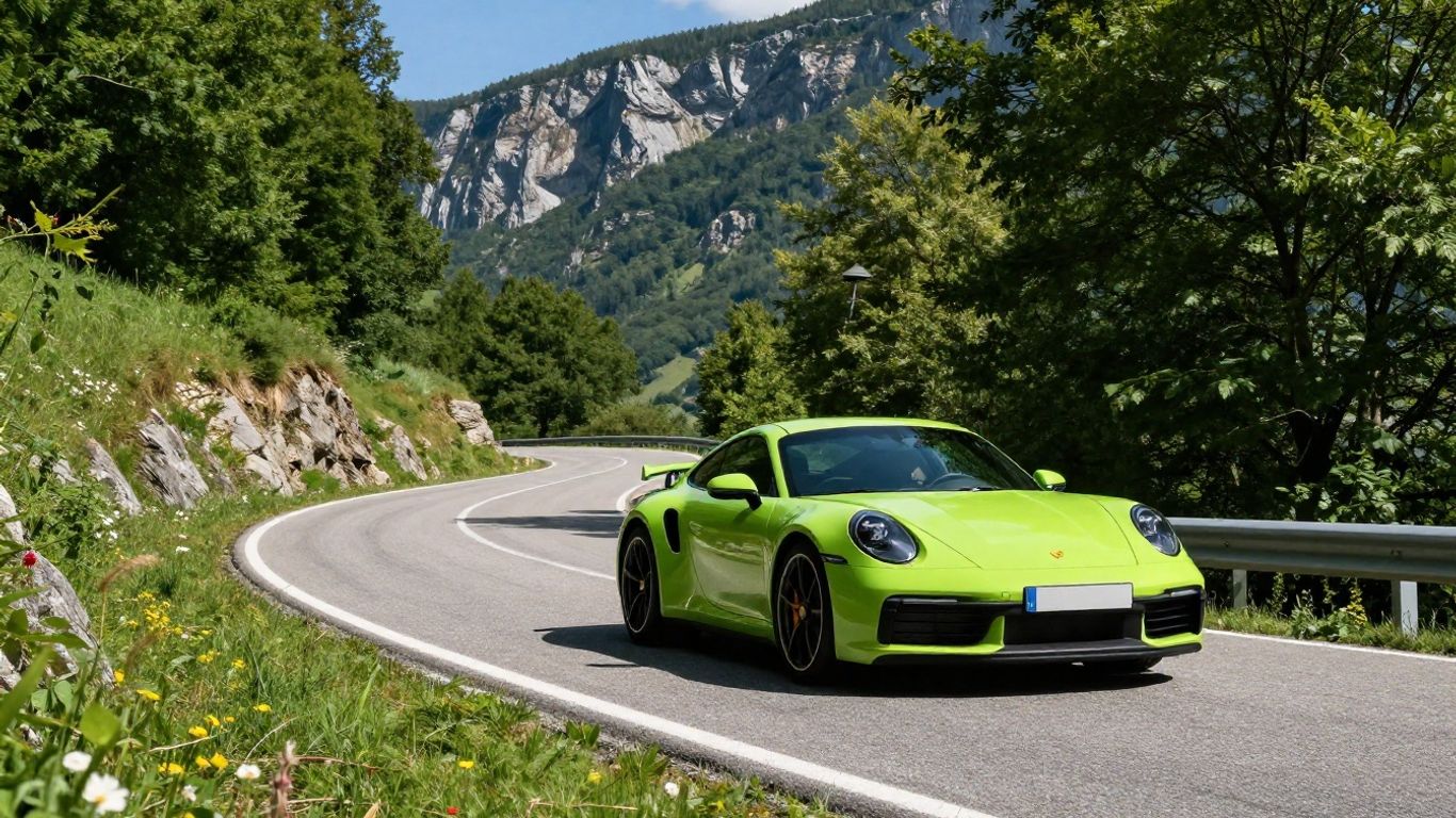 Porsche driving on a scenic, winding mountain road.