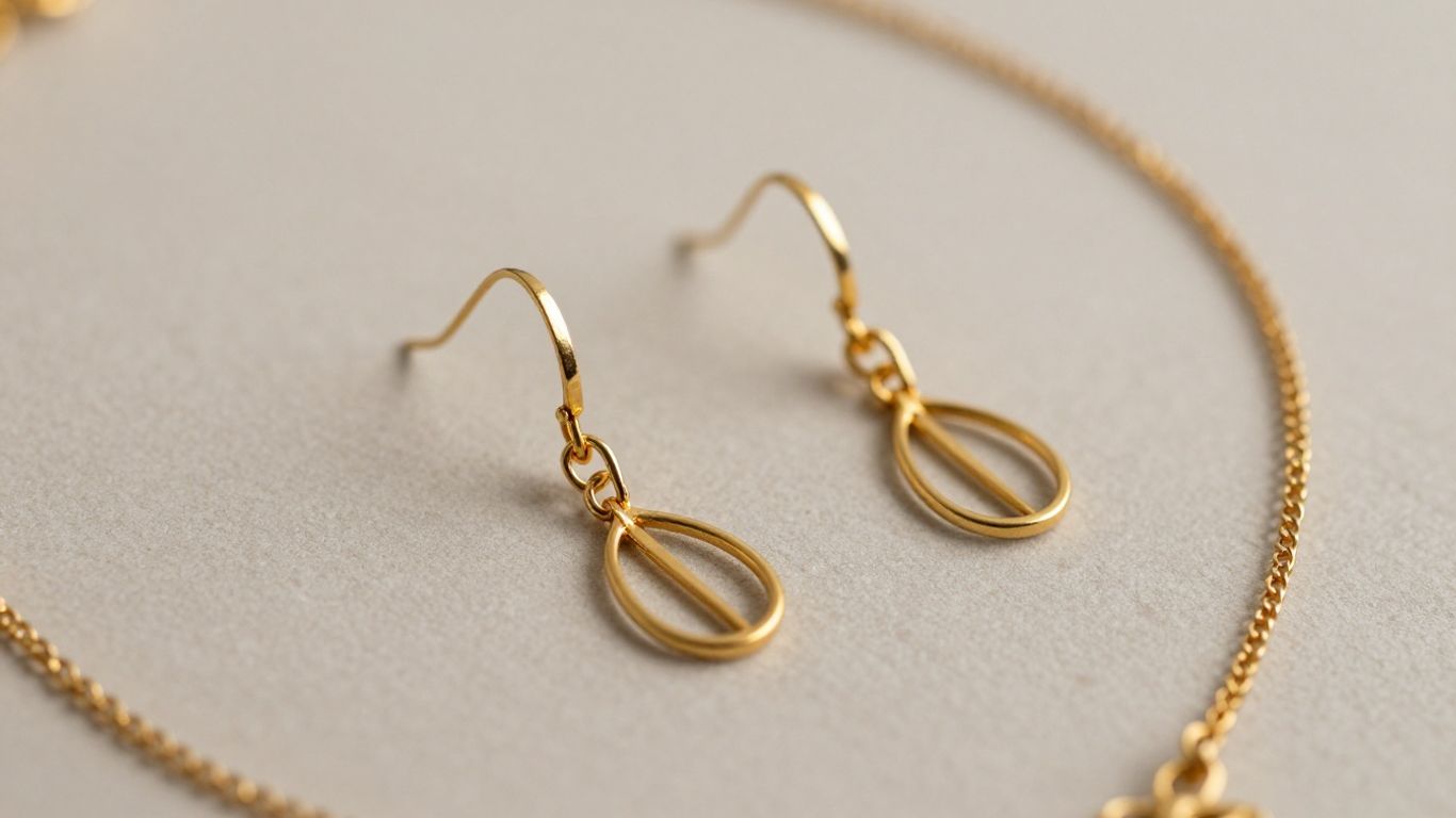 Delicate gold earrings and necklace, elegant and lightweight.