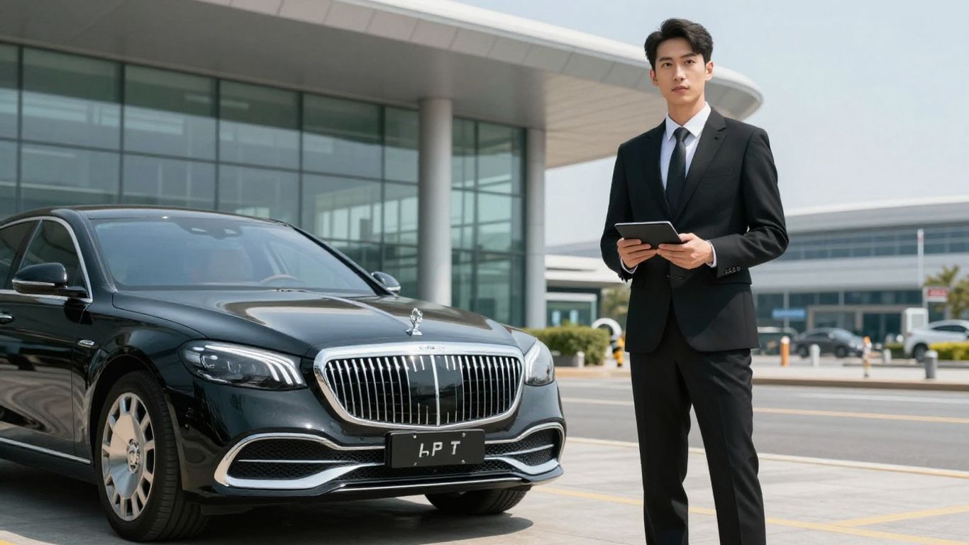 Professional chauffeur standing by a luxury vehicle