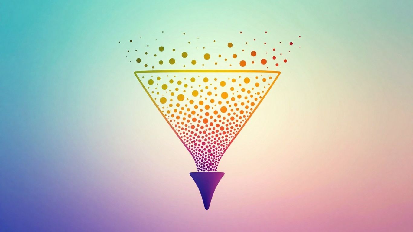 Sales funnel illustration with abstract shapes flowing downwards.
