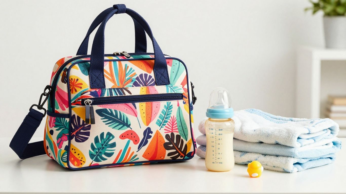 Vera Bradley diaper bag with baby essentials.