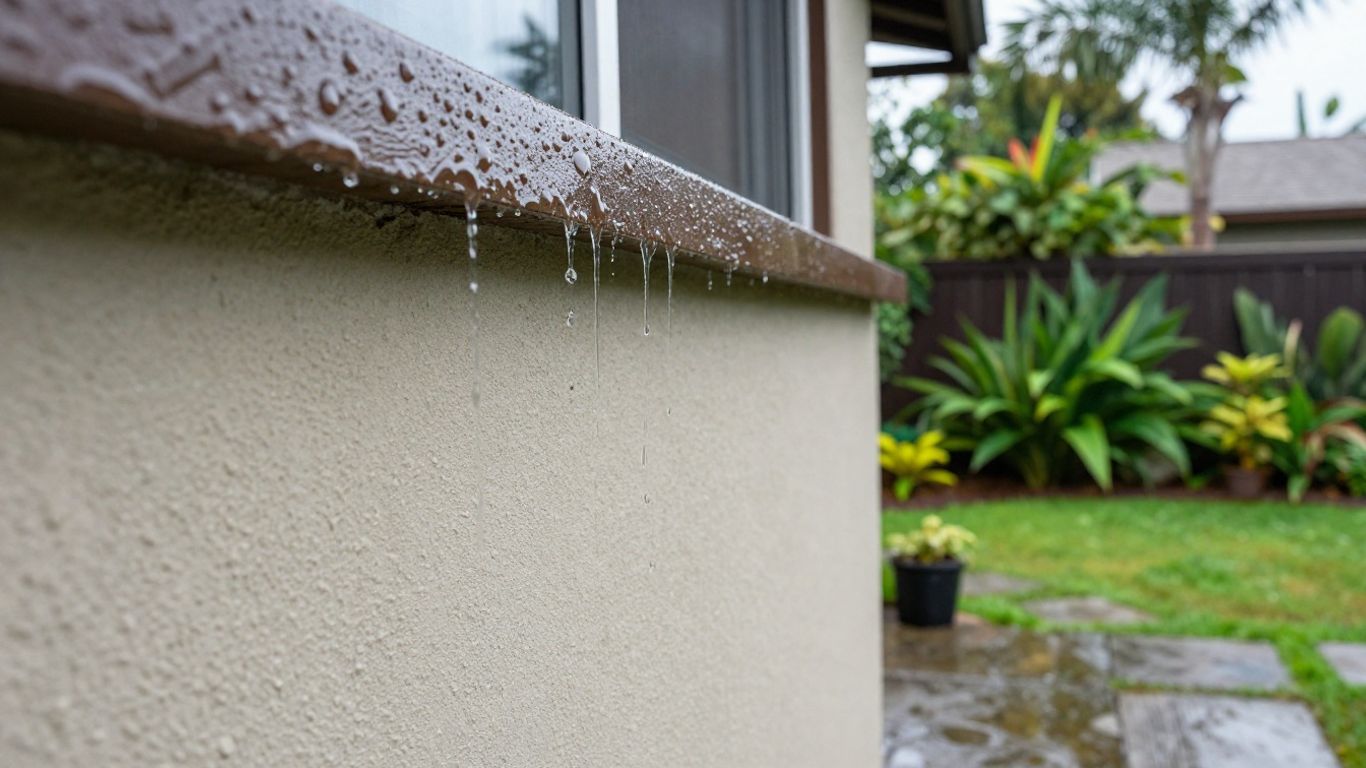 Waterproofed house wall repelling rain, healthy garden.