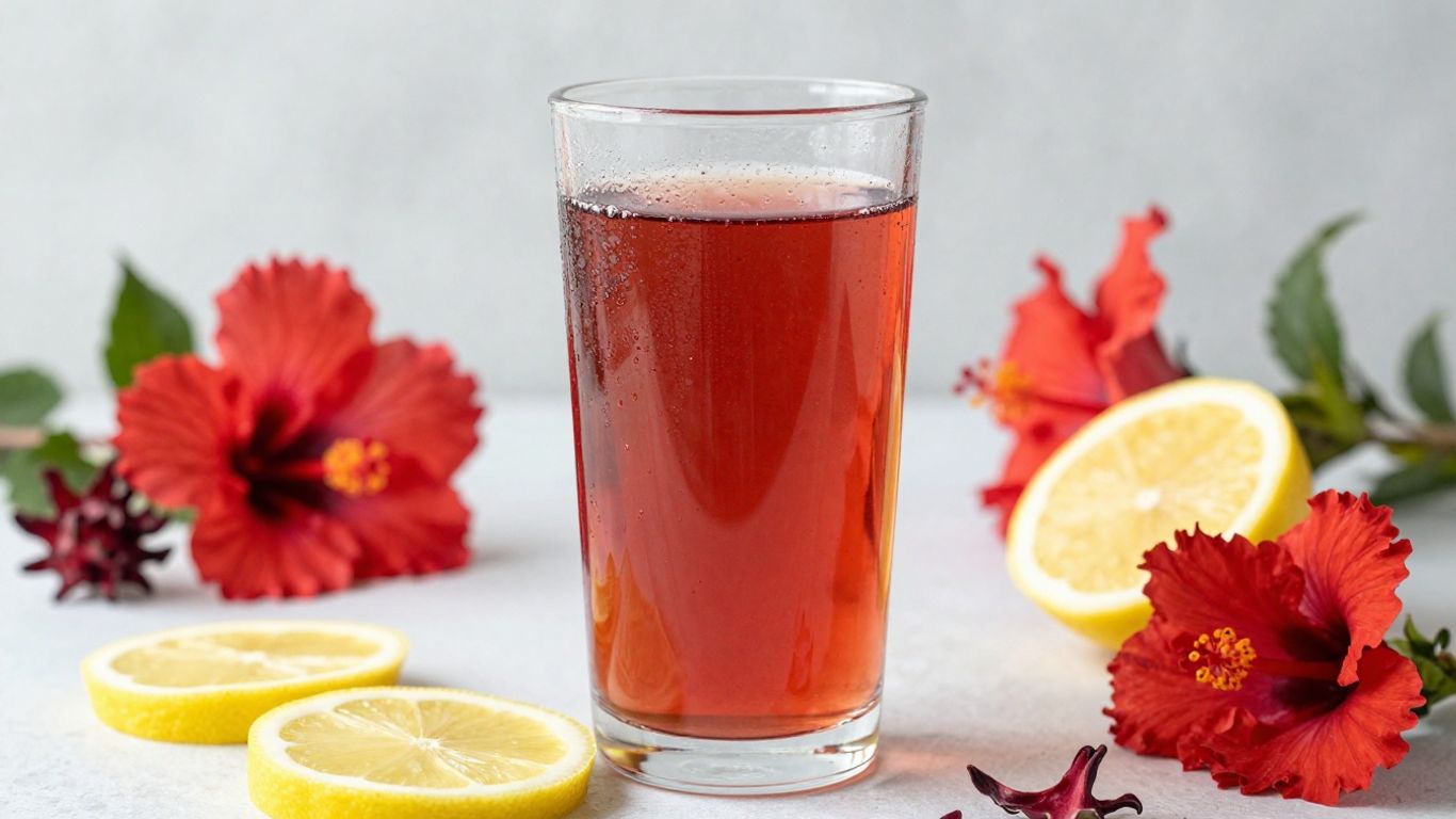 Glass of lemon hibiscus tea with fruits and flowers