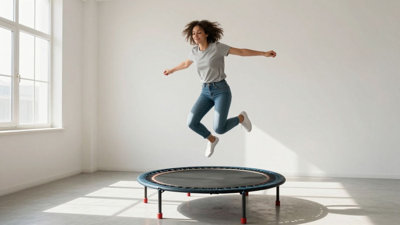 Person rebounding on a mini-trampoline for exercise.