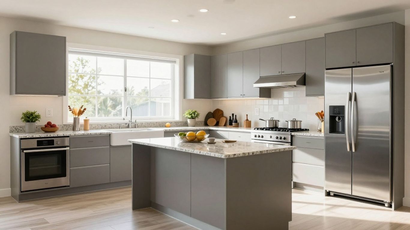 Modern kitchen remodel with island and granite countertops.