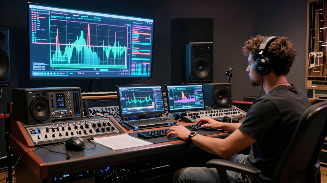 Futuristic music studio with holographic interfaces and musicians.