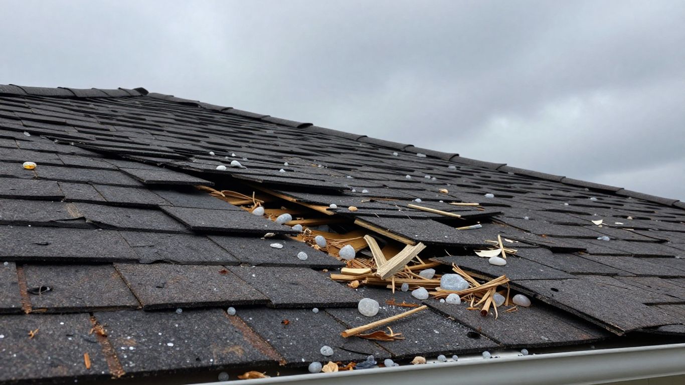 Damaged roof from hail and wind storm.