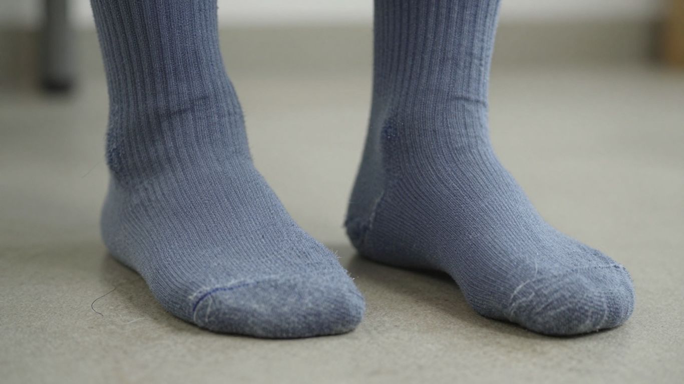 Worn work socks with frayed threads and thin soles.