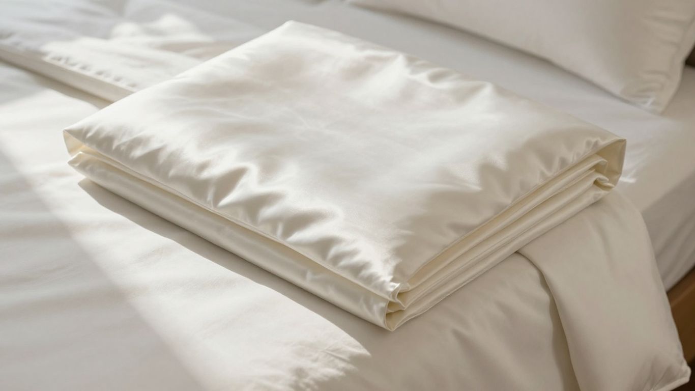 Queen sateen fitted sheet, neatly folded, soft fabric texture.