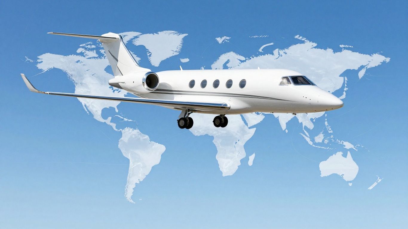 Private jet flying over a globe with flight paths.