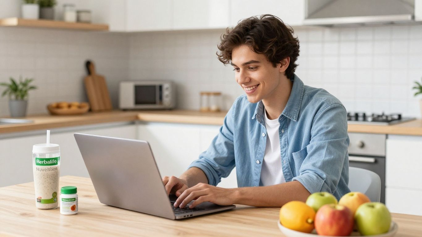 Smiling person using laptop with Herbalife products nearby