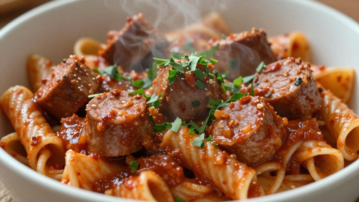 Vegan sausage pasta in a bowl with herbs.