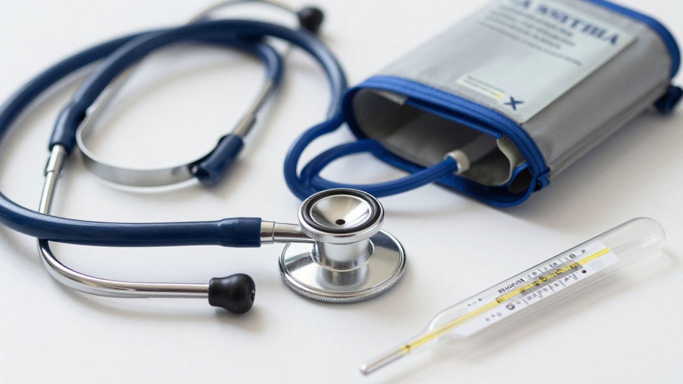 Nursing equipment: stethoscope, BP cuff, thermometer.