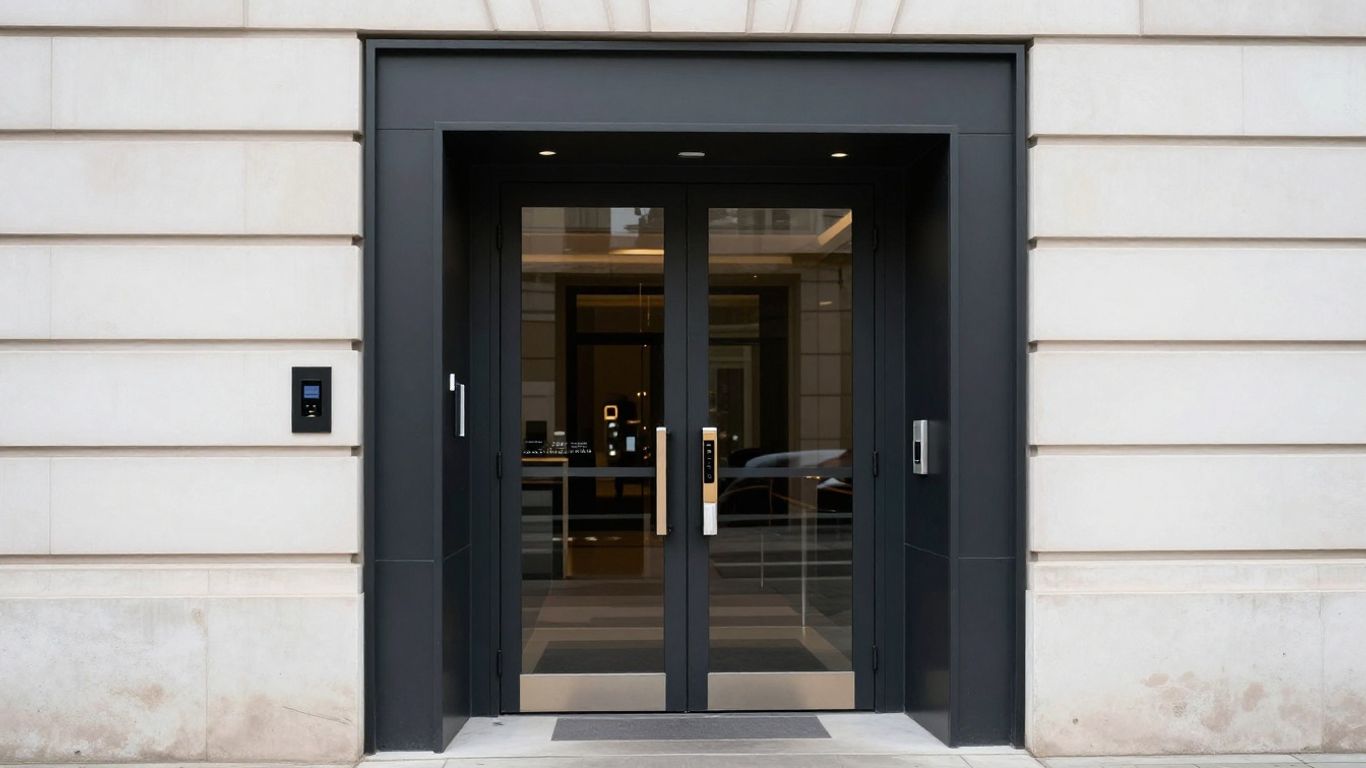 Automatic entrance door opening smoothly in the UK.