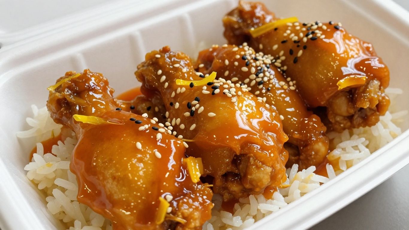 Glossy orange chicken with steamed rice