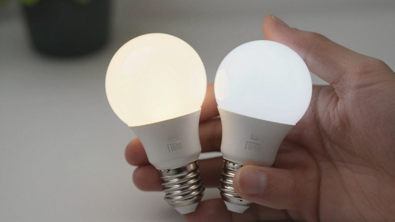 Hand holding LED bulb next to halogen bulb.